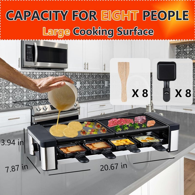 GIVENEU Raclette Grill, 1200W Electric Indoor Table Grill with Reversible Non-Stick Plate & Natural Stone | 3 in 1 BBQ Raclette with 8 Cheese Melt Pans, Wooden Spatulas & Temperature Control - Image 2